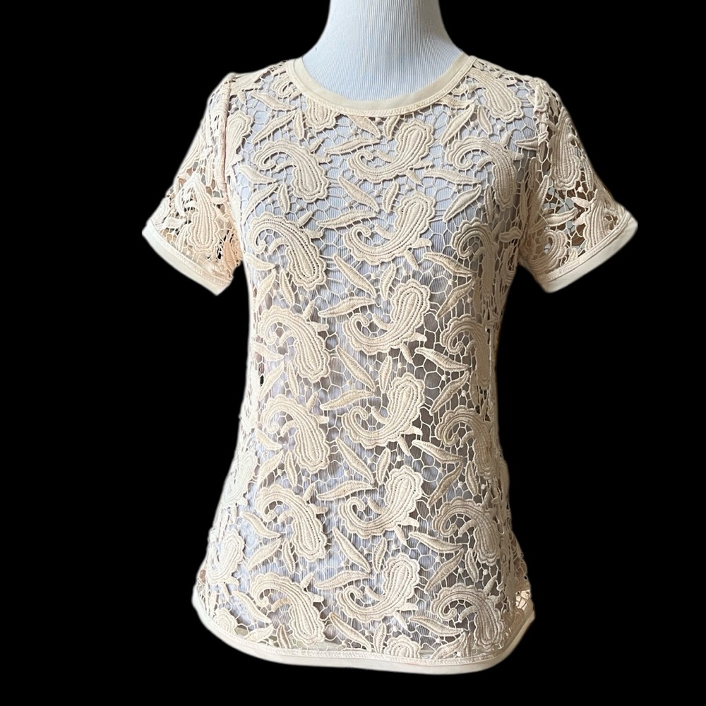 LOFT SHORT SLEEVE CROCHETED LACE TOP CREAM SIZE XXSP